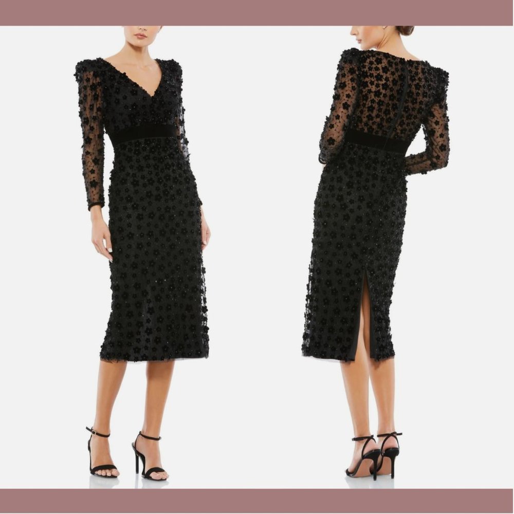 NEW $598 Mac Duggal [ 24 ]Embellished V Neck Illusion Column‎ Midi Dress  Black